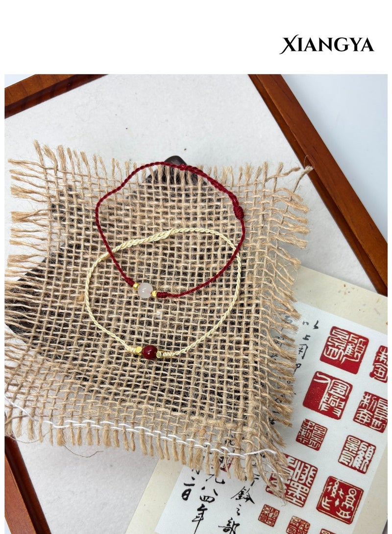 XIANGYA Rope Bracelet Beige String Bracelet for Women, Friend Bracelet, Adjustable Minimalist Rope with Red Round Glass Bead & Gold Accents, Handmade Everyday Bracelet Gift - Image 4