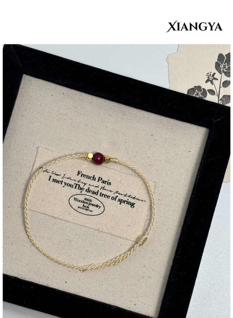 XIANGYA Rope Bracelet Beige String Bracelet for Women, Friend Bracelet, Adjustable Minimalist Rope with Red Round Glass Bead & Gold Accents, Handmade Everyday Bracelet Gift - Image 2