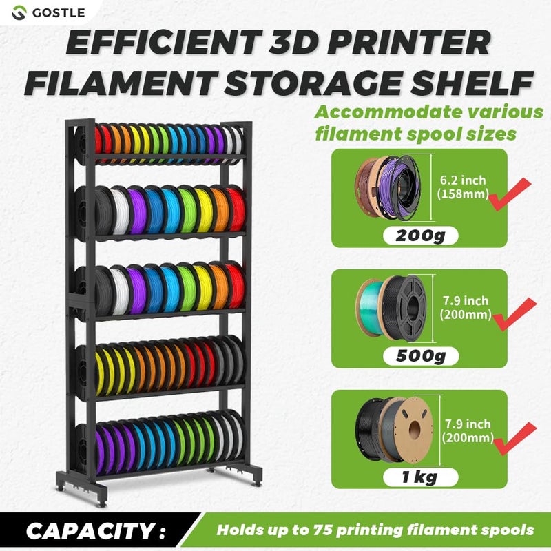 gostle 3D Printer Filament Storage Rack, Heavy-Duty 5-Tier Organizer for 3D Printing Spools, Large Capacity Holder for 3D Printing Rolls - Image 2