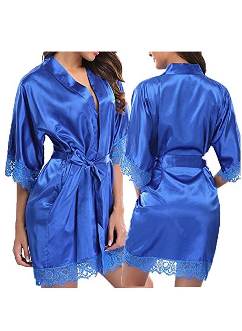 VITION ملابس داخلية نسائية للبنات، ملابس نوم شهر العسل، ملابس داخلية من الدانتيل، ملابس نوم، فستان نوم، شبكة، ملابس نوم ماكسي، رداء ناعم من الحرير (كبير) أزرق - Image 1