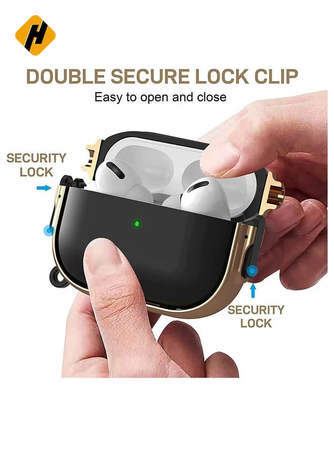 Electroplated Case for AirPods Pro 2nd generation 2022, Dual Side Secure Lock Full Body Shockproof Hard Shell Protective Case Cover with Keychain for AirPods Pro 2 (Black)