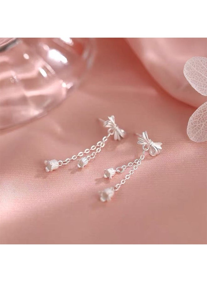 Women's Small Hoop Earrings, Lily of the Valley Pendant Earrings, Delicate Bow Hoop Earrings, Fashionable Silver Cute Earrings, Top Choice for Birthday Gifts - Image 5