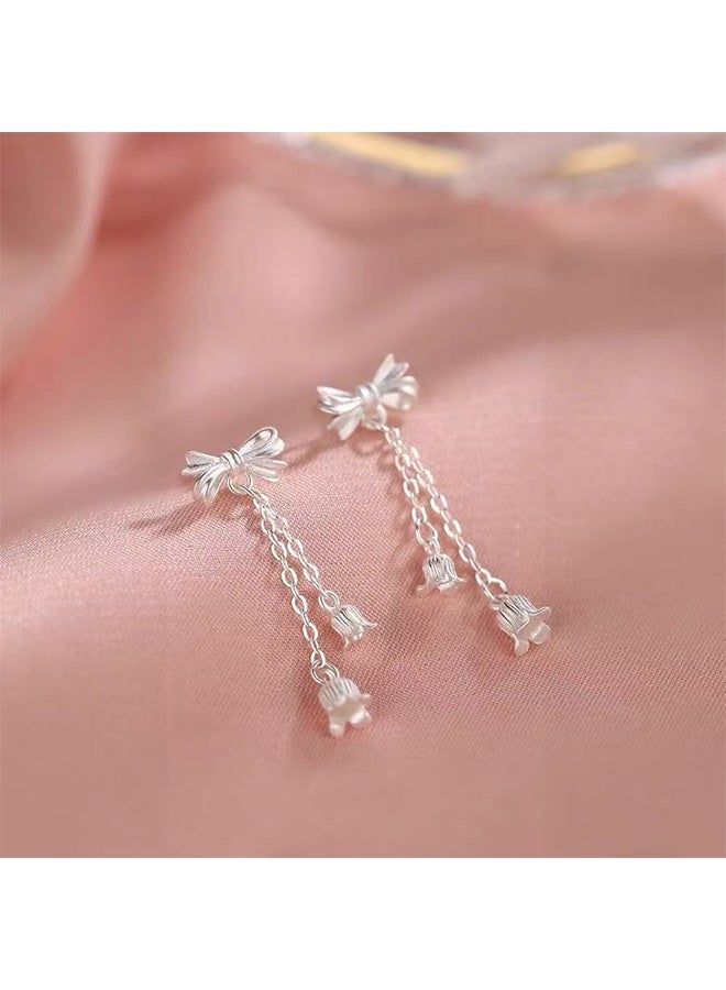 Women's Small Hoop Earrings, Lily of the Valley Pendant Earrings, Delicate Bow Hoop Earrings, Fashionable Silver Cute Earrings, Top Choice for Birthday Gifts - Image 1