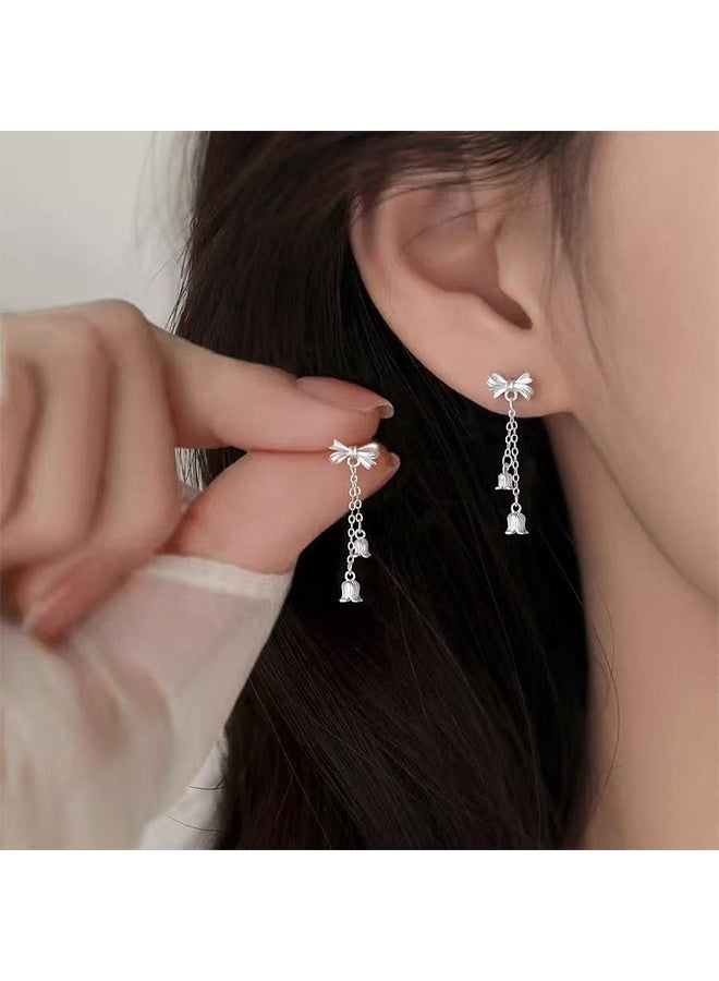 Women's Small Hoop Earrings, Lily of the Valley Pendant Earrings, Delicate Bow Hoop Earrings, Fashionable Silver Cute Earrings, Top Choice for Birthday Gifts - Image 2