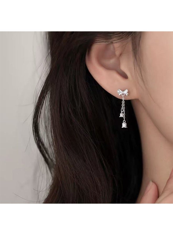 Women's Small Hoop Earrings, Lily of the Valley Pendant Earrings, Delicate Bow Hoop Earrings, Fashionable Silver Cute Earrings, Top Choice for Birthday Gifts - Image 4