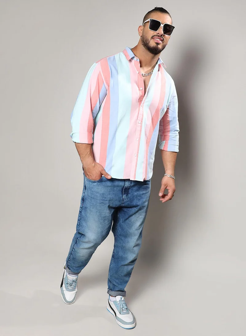Instafab Plus Instafab Plus Men's Multicolour Roman Striped Button Up Plus-Size Fit Shirt For Casual Wear | Cotton Spread Collar Shirt Crafted With Regular Sleeve & Comfort Fit For Everyday Wear