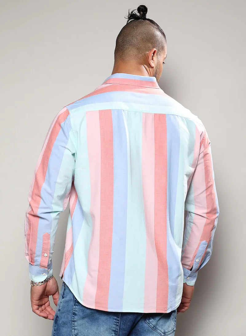 Instafab Plus Instafab Plus Men's Multicolour Roman Striped Button Up Plus-Size Fit Shirt For Casual Wear | Cotton Spread Collar Shirt Crafted With Regular Sleeve & Comfort Fit For Everyday Wear