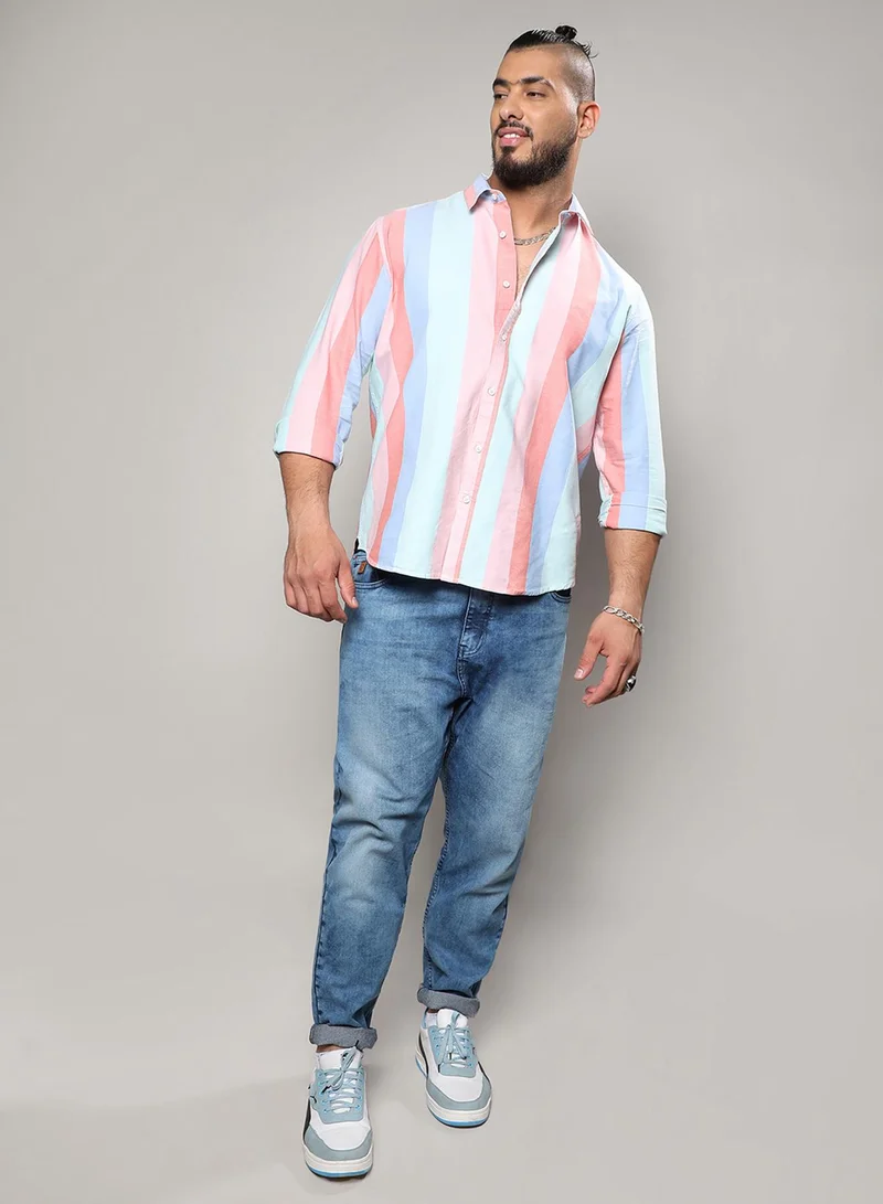 Instafab Plus Instafab Plus Men's Multicolour Roman Striped Button Up Plus-Size Fit Shirt For Casual Wear | Cotton Spread Collar Shirt Crafted With Regular Sleeve & Comfort Fit For Everyday Wear