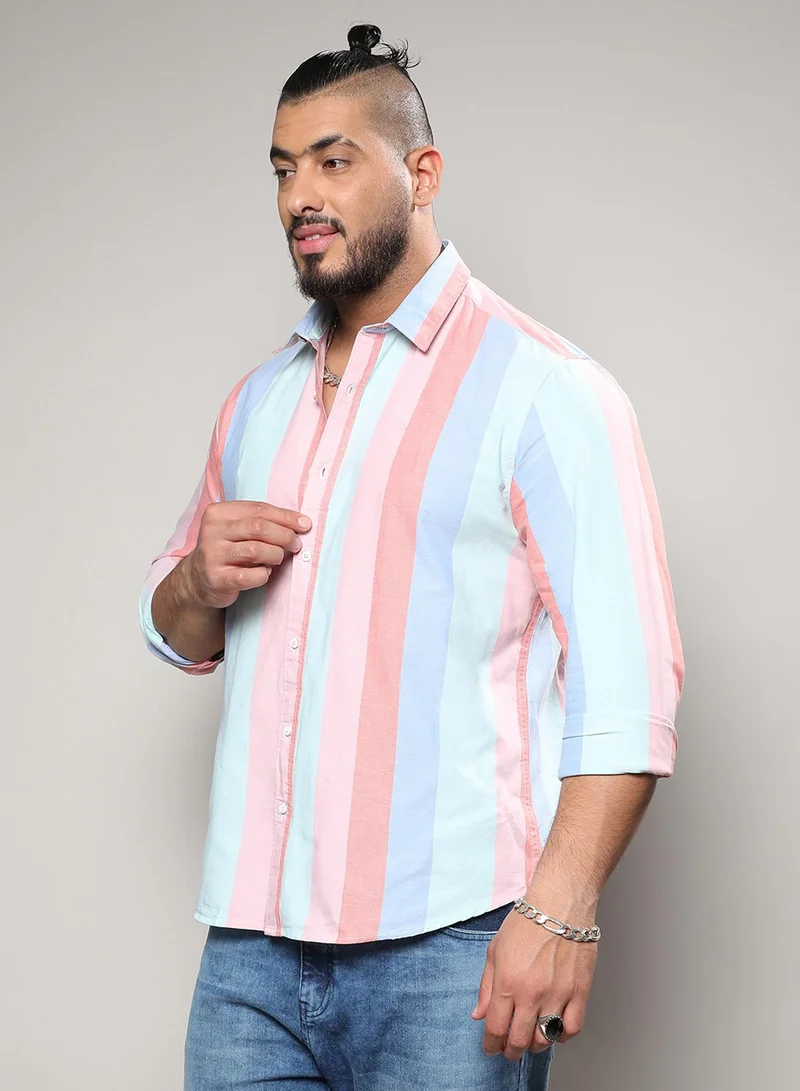 Instafab Plus Instafab Plus Men's Multicolour Roman Striped Button Up Plus-Size Fit Shirt For Casual Wear | Cotton Spread Collar Shirt Crafted With Regular Sleeve & Comfort Fit For Everyday Wear
