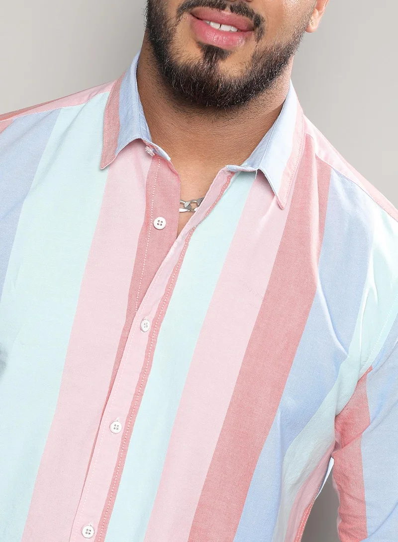 Instafab Plus Instafab Plus Men's Multicolour Roman Striped Button Up Plus-Size Fit Shirt For Casual Wear | Cotton Spread Collar Shirt Crafted With Regular Sleeve & Comfort Fit For Everyday Wear