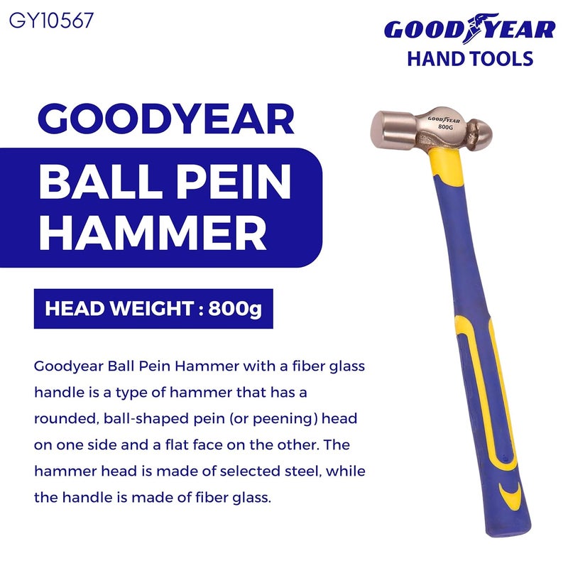 Good Year Metal Ball Pein Hammer With Handle (Silver), 800g, Hammer Tool, Hammer Head From Selected Steel, Fibre Glass Handle, Comfortable Grip, Pack Of 1 - Image 2