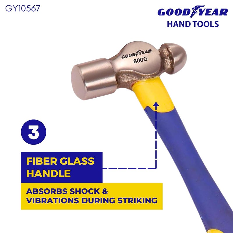 Good Year Metal Ball Pein Hammer With Handle (Silver), 800g, Hammer Tool, Hammer Head From Selected Steel, Fibre Glass Handle, Comfortable Grip, Pack Of 1 - Image 5