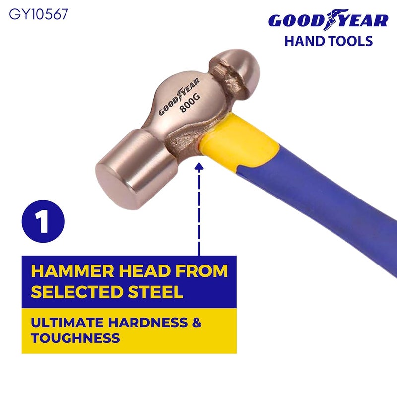 Good Year Metal Ball Pein Hammer With Handle (Silver), 800g, Hammer Tool, Hammer Head From Selected Steel, Fibre Glass Handle, Comfortable Grip, Pack Of 1 - Image 3