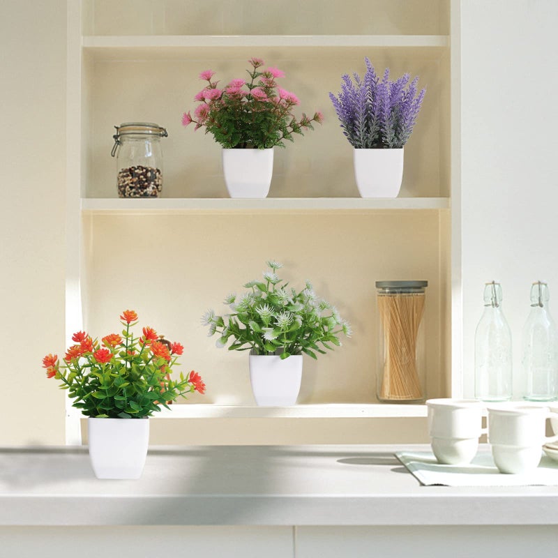 Yoratee Artificial Potted Flowers 4pcs Fake Small Plant in Pot Mini Faux Plant Door House Office Tabletop Kitchen Colorful Greenery Decor - Image 5
