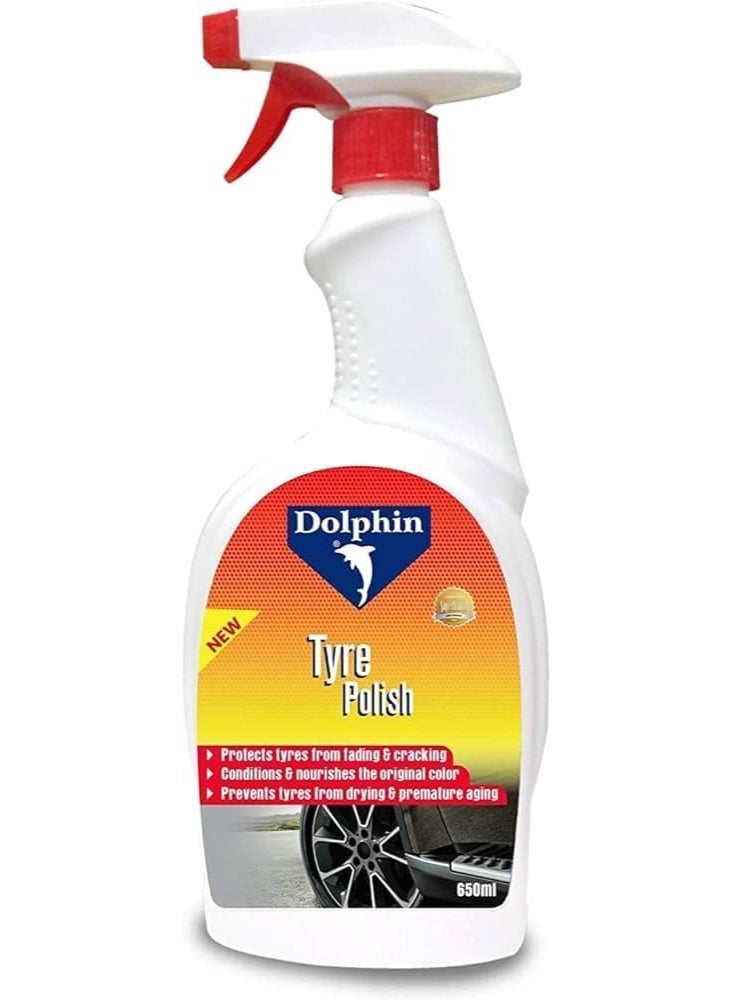 Dolphin High-Gloss Tyre Polish & Shiner (650ml) - Deep Black Wet Look - UV Protection Against Fading & Cracking - Cleans, Conditions & Nourishes Rubber - Image 1