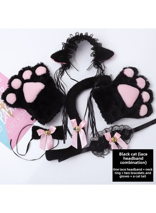 Cat Cos Props Cat Hair Hoop Cat Paw Gloves Cat Tail Cute Cat Costume Props Set-Color:F-39 Black Kitty Lace Headband Combination  - Image 1