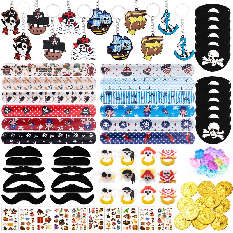 CHRIMISS Pirate Party Favors 96PCS Supplies with Gold Coins Gems Keychains Bracelets Eye Patches Mustache Tattoos for Birthday Party Goodie Bags - Image 3