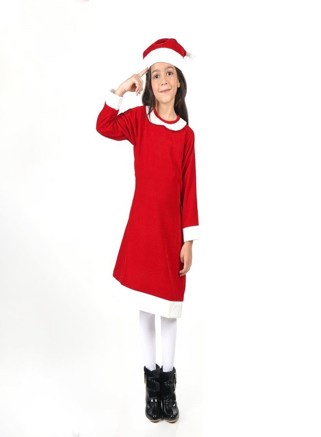 Desi Andaaz Mrs Santa Clause Christmas Dress Costume For Girls,Velvet Santa Frock Baby Collar with Cap (7-8Y) - Image 5