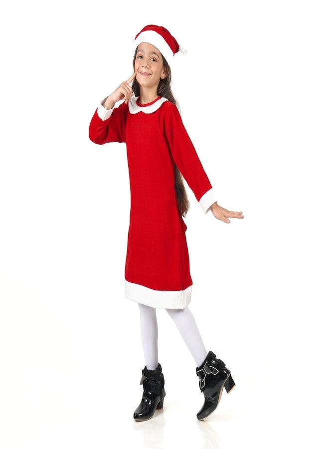 Desi Andaaz Mrs Santa Clause Christmas Dress Costume For Girls,Velvet Santa Frock Baby Collar with Cap (7-8Y) - Image 2