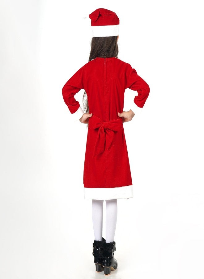 Desi Andaaz Mrs Santa Clause Christmas Dress Costume For Girls,Velvet Santa Frock Baby Collar with Cap (7-8Y) - Image 3