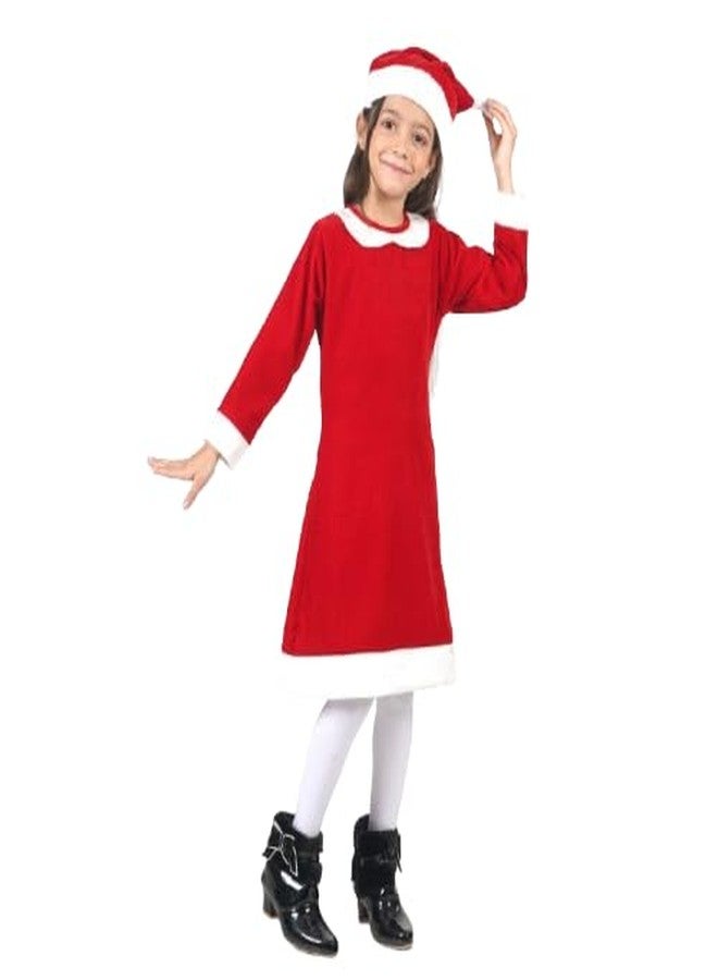 Desi Andaaz Mrs Santa Clause Christmas Dress Costume For Girls,Velvet Santa Frock Baby Collar with Cap (7-8Y) - Image 1