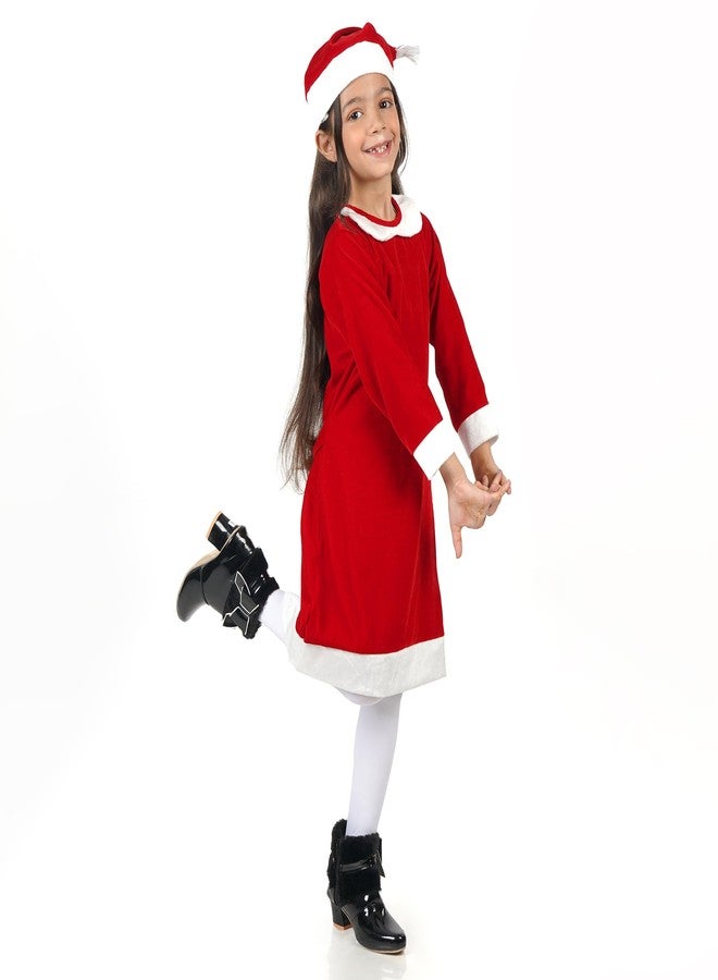 Desi Andaaz Mrs Santa Clause Christmas Dress Costume For Girls,Velvet Santa Frock Baby Collar with Cap (7-8Y) - Image 4
