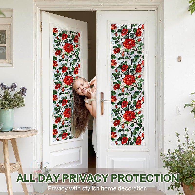 Aomkmi Floral Window Film, Faux Stained Glass Window Film Home Decoration Insulation Privacy Glass Window Film, UV Resistant, Frosted Electrostatic Adsorption(17 Inch x 78.74 Inch Safflower) - Image 3