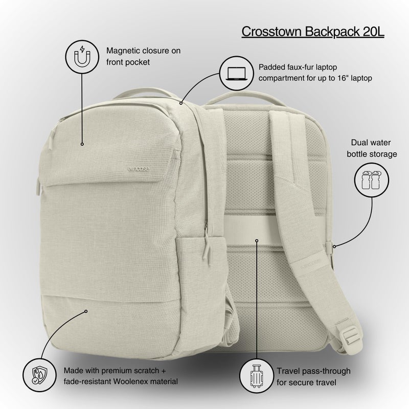 Incase Crosstown Backpack â€“ 20L Everyday Laptop Backpack for Work, Travel â€“ 16" Faux Fur Laptop Sleeve, External Front Pocket, Water Bottle Pockets, Travel Pass Through - Limestone - Image 5