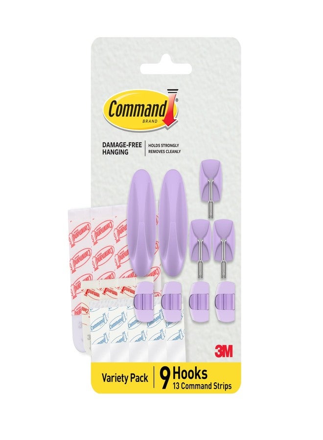 Command Mixed Hooks Pack, 9 Lavender Hooks and 13 Strips, Damage-Free Hanging with Adhesive, No Tools Great for Hanging Home and Room Decor, - Image 1