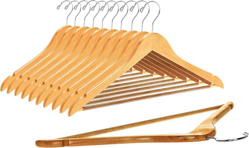 Quality Hangers شماعات خشبية عالية الجودة - طقم شماعات مقوسة قليلاً - شماعات معاطف من الخشب الصلب بخطافات كرومية أنيقة - شماعات متينة للملابس، والسترات، والقمصان، والسراويل، والبدلات (لون طبيعي، 10 قطع) - Image 2