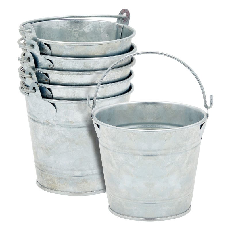 Juvale Galvanized Tin Pails - Centerpiece Tin Buckets - Party Metal Buckets with Handles - Galvanized Decor & Cans - Pack of 6, 3" H x 3.5" W, Silver - Image 1