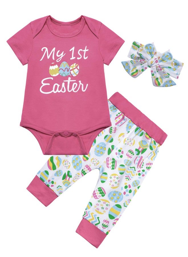 Okbebe My First Easter Baby Girls' Eggs Printed Outfit Set Romper Cute Pants with Headband (0-3 Months) - Image 1