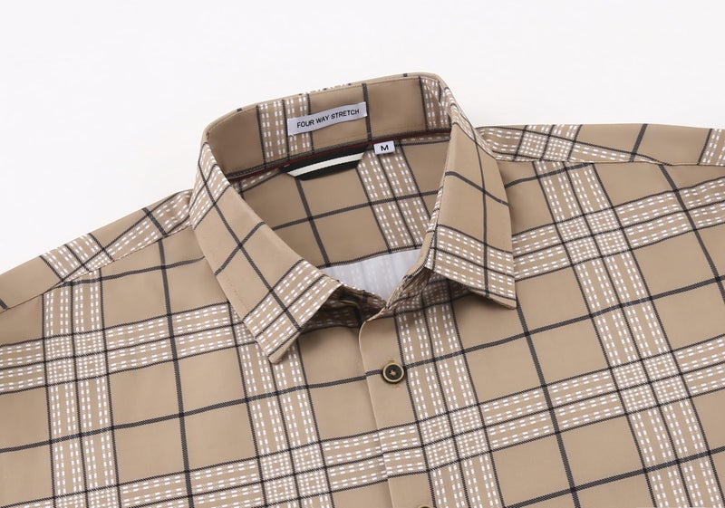 Alex Vando Mens Print Plaid Button Down Shirts Wrinkle Free 4-Way Stretch Casual Dress Shirt for Men,32 Khaki,M - Image 4