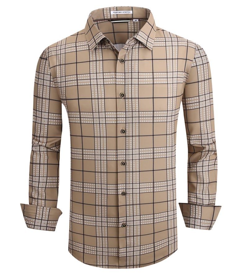 Alex Vando Mens Print Plaid Button Down Shirts Wrinkle Free 4-Way Stretch Casual Dress Shirt for Men,32 Khaki,M - Image 1