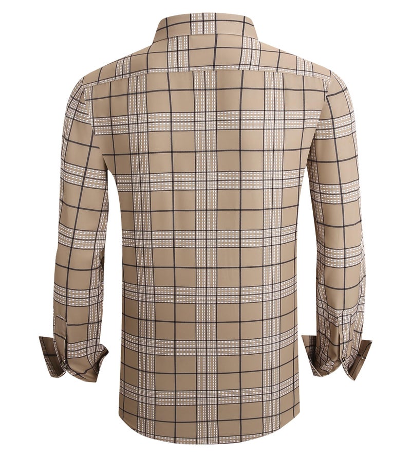 Alex Vando Mens Print Plaid Button Down Shirts Wrinkle Free 4-Way Stretch Casual Dress Shirt for Men,32 Khaki,M - Image 3