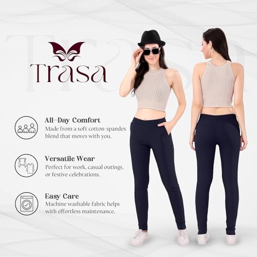 TRASA Ultra Soft Cotton Regular and Plus Stretchable Cotton Pants for Womens and Girls, Navy Blue - XL - Image 2