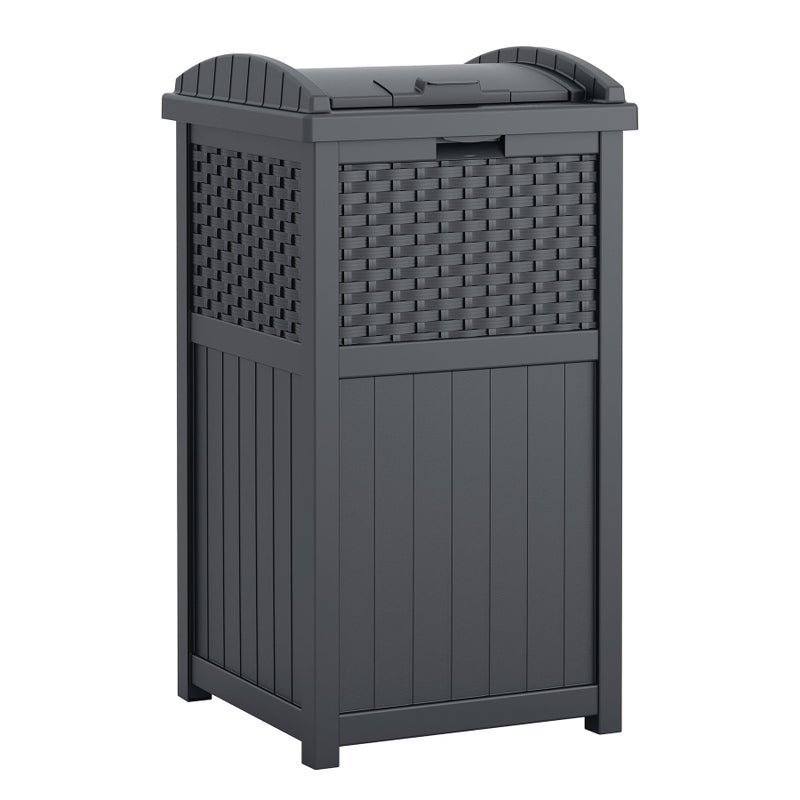 suncast Suncast 33 Gallon WickerStyle Hideaway Trash Can with Secure Latching Lid and WeatherResistant Construction for Patio Cyberspace Grey Made in the USA 
