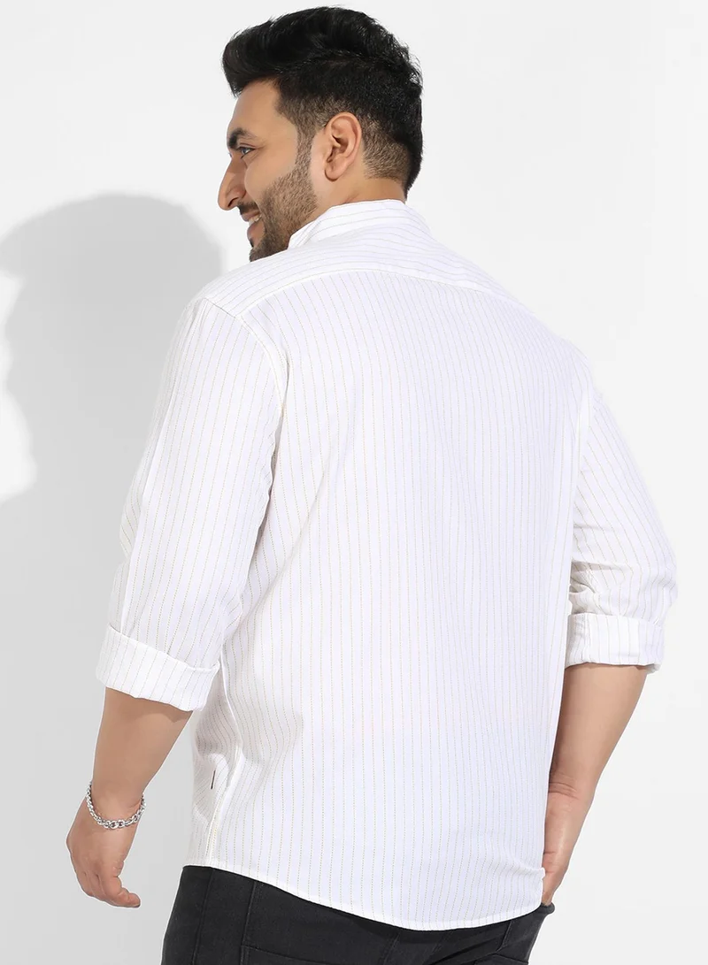 Instafab Plus Instafab Plus Men's White Chalk Striped Shirt For Casual Wear | Spread Collar | Long Sleeve | Button Closure | Cotton Shirts Crafted With Comfort Fit For Everyday Wear