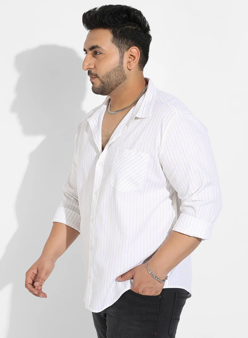 Instafab Plus Instafab Plus Men's White Chalk Striped Shirt For Casual Wear | Spread Collar | Long Sleeve | Button Closure | Cotton Shirts Crafted With Comfort Fit For Everyday Wear
