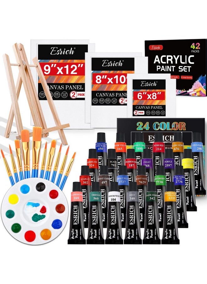 ESRICH Acrylic Paint Canvas Set42 Piece Professional Premium Paint Kit With 1 Wood Easel24Colors10 Brushes6 Canvases Painting Supplies Kit For Kidsstudents Artists And Beginner  - Image 1