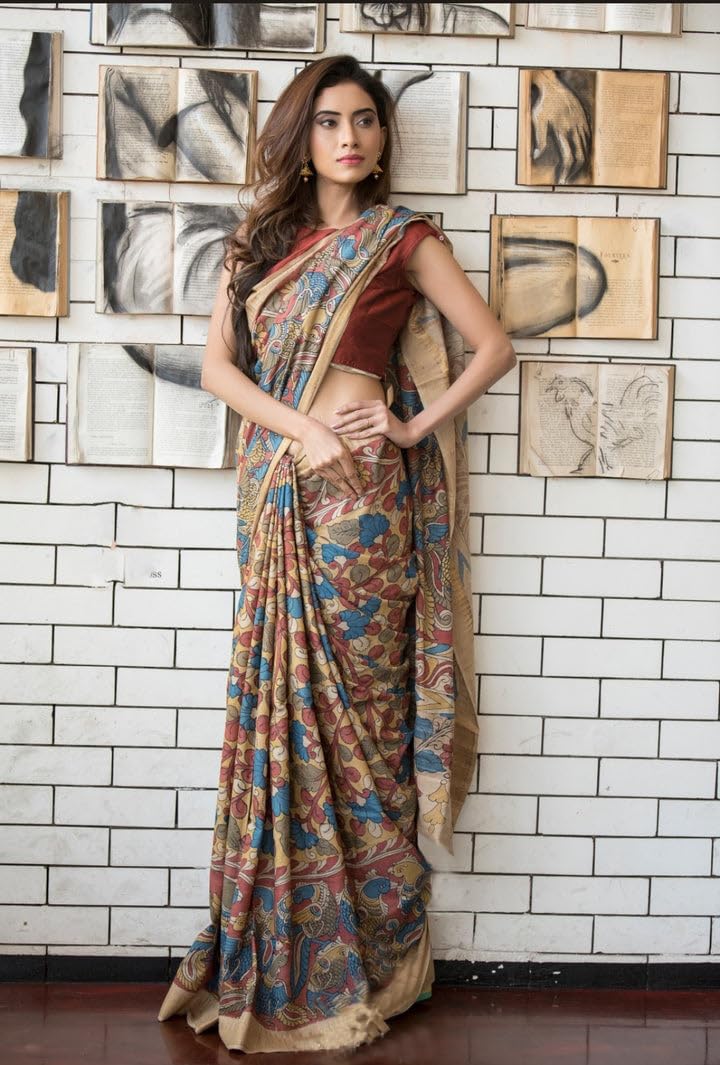 Sidhidata Women's Floral Printed Cotton Linen Saree with Unstitched Blouse Piece - Chiku Color - Image 3