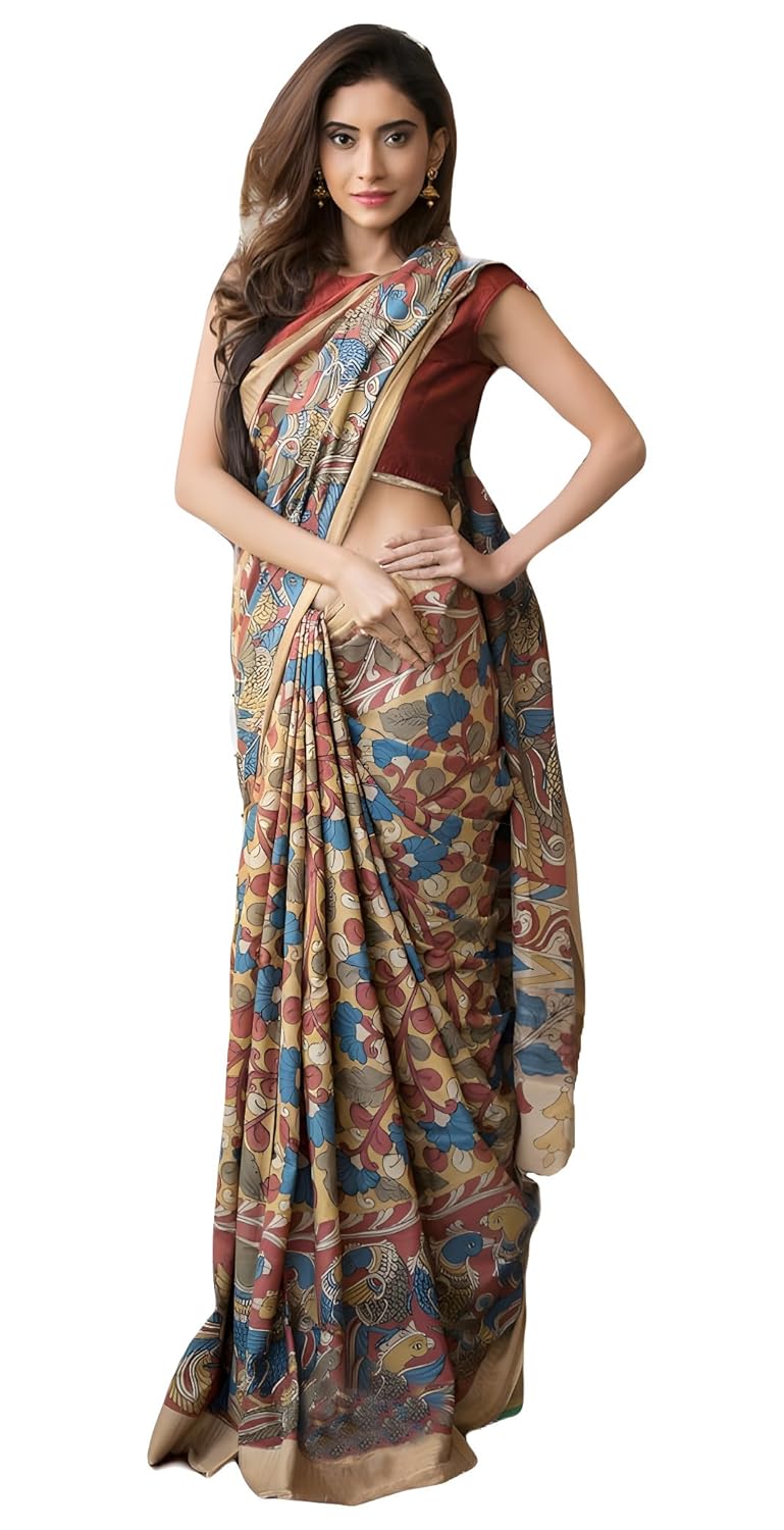Sidhidata Women's Floral Printed Cotton Linen Saree with Unstitched Blouse Piece - Chiku Color - Image 1