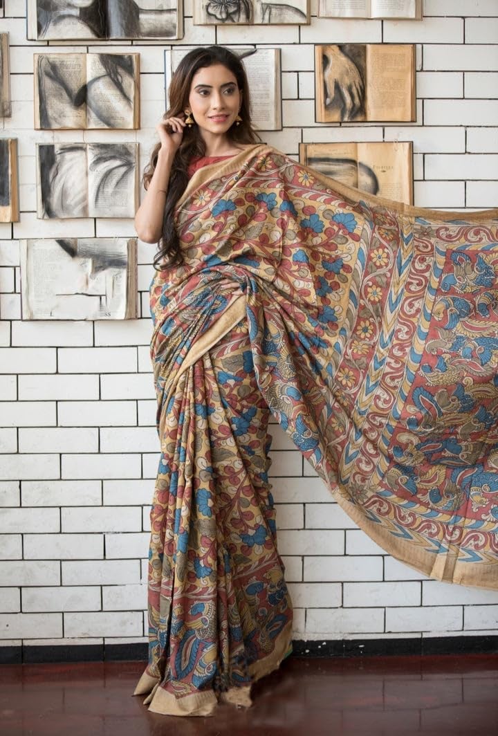Sidhidata Women's Floral Printed Cotton Linen Saree with Unstitched Blouse Piece - Chiku Color - Image 2