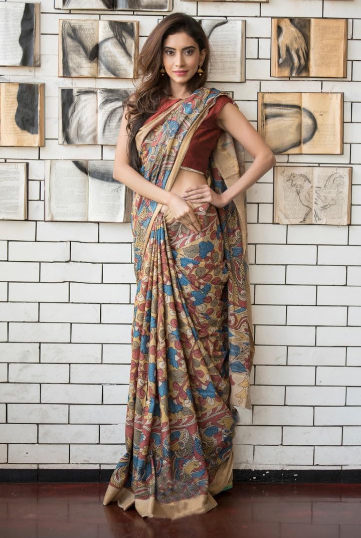 Sidhidata Women's Floral Printed Cotton Linen Saree with Unstitched Blouse Piece - Chiku Color - Image 4