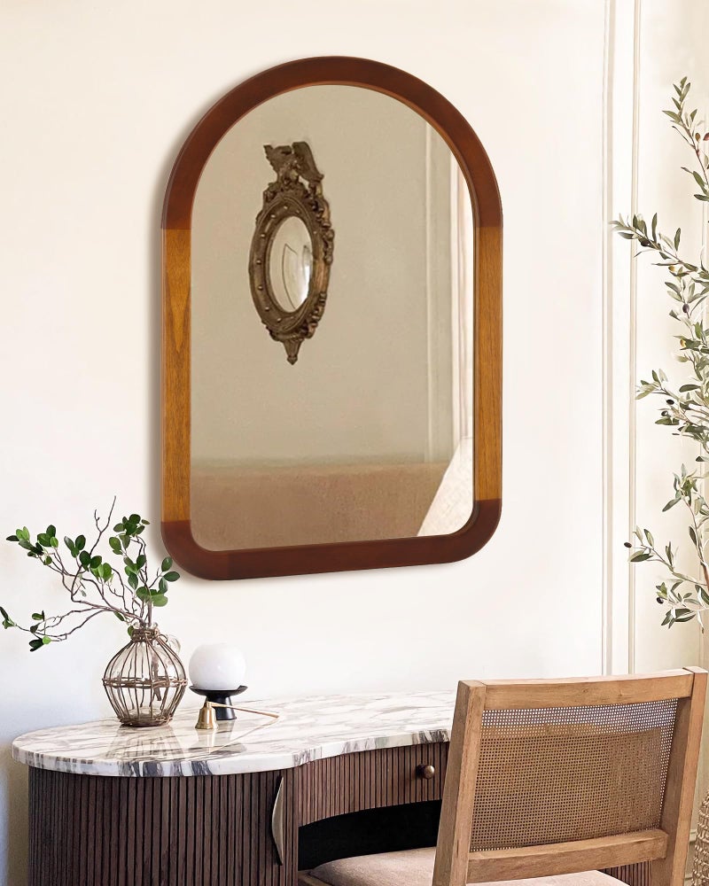 Culer Arched Mirror 24 x 36 Inch,Brown Wood Rustic Bathroom Tempered Wall Mirror with Wood Frame,Round Corner Arch Farmhouse Wooden Vanity Mirror for Living Room,Entryway or Bedroomï¼ˆWalnut Brownï¼‰ - Image 2