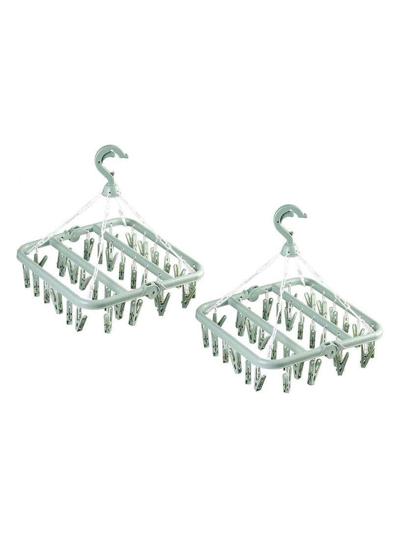 Hihonor Clothes Drying Rack, 2 Pack Windproof Folding Portable Laundry Hanger, Plast Sock Hanger with 32 Clips and 360° Rotatable Hook for Drying, Towels, Bras, Baby Clothes, Gloves (Light Green)  - Image 1