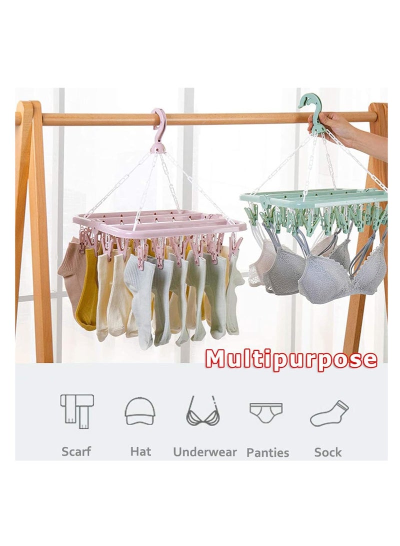 Hihonor Clothes Drying Rack, 2 Pack Windproof Folding Portable Laundry Hanger, Plast Sock Hanger with 32 Clips and 360° Rotatable Hook for Drying, Towels, Bras, Baby Clothes, Gloves (Light Green)  - Image 3
