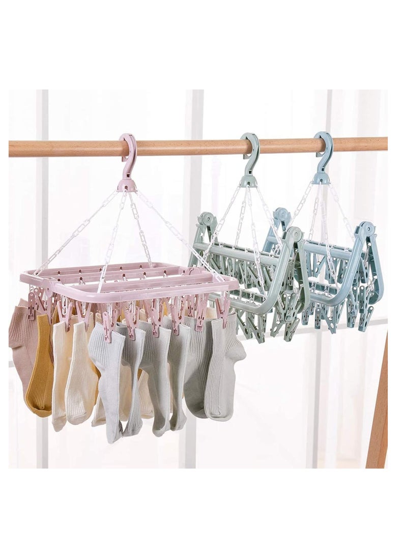 Hihonor Clothes Drying Rack, 2 Pack Windproof Folding Portable Laundry Hanger, Plast Sock Hanger with 32 Clips and 360° Rotatable Hook for Drying, Towels, Bras, Baby Clothes, Gloves (Light Green)  - Image 5