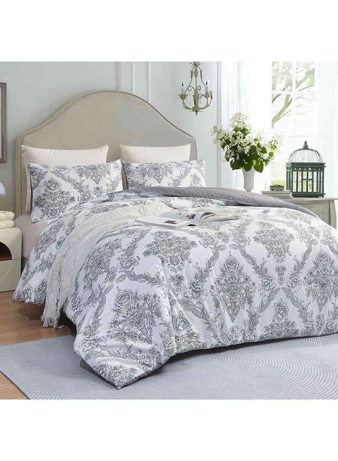 Faincy Paisley King Size Comforter Set, Grey Gray Classy Boho Damask Pattern Reversible Alternative Bedding Set - 104 x 90 in 3PCs Soft Microfiber Duvet Vintage Farmhouse Bed in a Bag for Women Men - Image 2