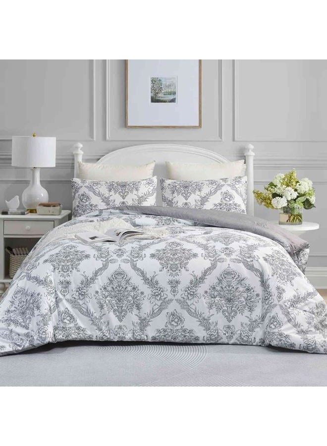 Faincy Paisley King Size Comforter Set, Grey Gray Classy Boho Damask Pattern Reversible Alternative Bedding Set - 104 x 90 in 3PCs Soft Microfiber Duvet Vintage Farmhouse Bed in a Bag for Women Men - Image 3